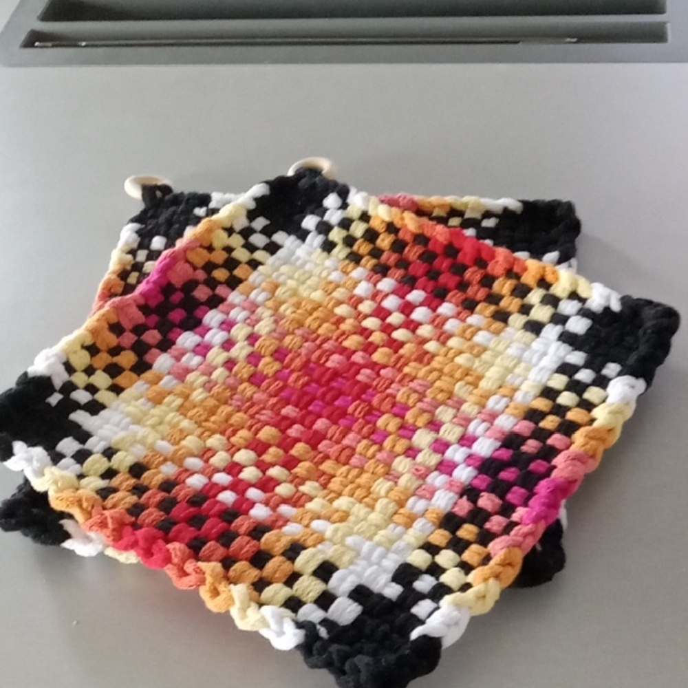 Handmade Multicolor Loomed Kitchen Pot Holder - Pink, Orange & Black Set